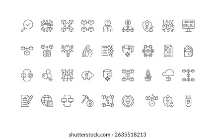 Data network, ethereum, blockchain structure, block and node thin black outline symbols vector illustration. Blockchain, decentralized ledger, bitcoin and cryptocurrency market line icon set. - Powered by Shutterstock - Get 15% off with code: PIKWIZARD15