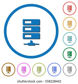 Data network flat color vector icons with shadows in round outlines on white background