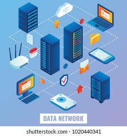 Ablaufdiagramm des Datennetzes. Vektor flach 3d isometrische Abbildung von Netzwerk-Servern, Internet-Router, Laptop, Handy.