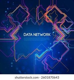 Data network futuristic neon circuit lines on dark blue background, cyber connectivity, digital communication, artificial intelligence, and technology infrastructure design