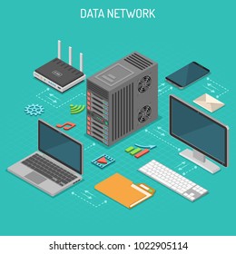 Red de datos Concepto empresarial isométrico con los iconos de servidor de red, ordenador, portátil, enrutador y multimedia. Almacenamiento y transferencia de datos. Ilustración vectorial.