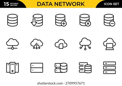Conjunto de iconos de línea de red de datos. Símbolo de tecnología de análisis de nube de datos. Contiene base de datos, estadísticas. Paquete de iconos de contorno delgado. Ilustración vectorial