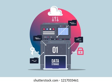 Data network management. Big data machine learning algoritm visualization. analytics concept saftey and security concept. Flat illustration style.