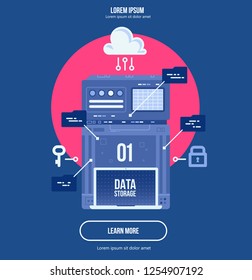 Data network management. Big data machine learning algoritm visualization. analytics concept saftey and security concept. Flat illustration style.