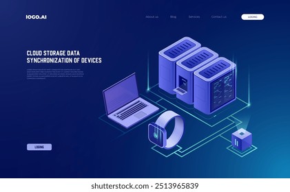Concepto de gestión de redes de datos: Vector isométrico de servidores empresariales, almacenamiento en la nube y sincronización de dispositivos, página de destino