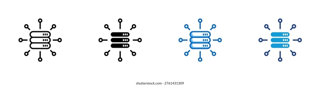 Data Network Multiple Style Icon Design Vector - Server nodes connected with lines representing data distribution, network communication, and system connectivity