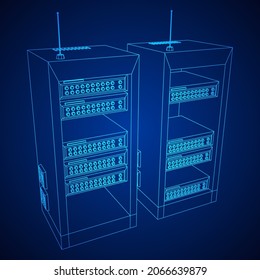 Data network server in cabinet. Diagnostic test in computer room technology communication computers and device concept. Wireframe low poly mesh vector illustration.