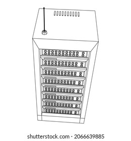 Servidor de red de datos en el gabinete. Ensayo de diagnóstico en computadoras de comunicación y en el concepto de dispositivo. Ilustración vectorial de malla baja de malla de malla de alambre.