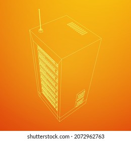 Data network server in cabinet. Diagnostic test in computer room technology communication computers and device concept. Wireframe low poly mesh vector illustration.