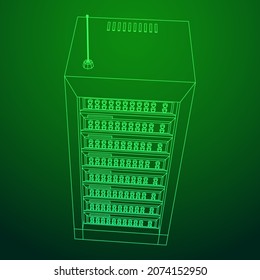 Data network server in cabinet. Diagnostic test in computer room technology communication computers and device concept. Wireframe low poly mesh vector illustration.