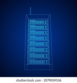 Data network server in cabinet. Diagnostic test in computer room technology communication computers and device concept. Wireframe low poly mesh vector illustration.