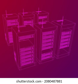 Data network server in cabinet. Diagnostic test in computer room technology communication computers and device concept. Wireframe low poly mesh vector illustration.