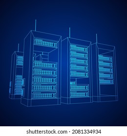 Servidor de red de datos en el gabinete. Ensayo de diagnóstico en computadoras de comunicación y en el concepto de dispositivo. Ilustración vectorial de malla baja de malla de malla de alambre.