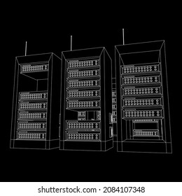 Data network server in cabinet. Diagnostic test in computer room technology communication computers and device concept. Wireframe low poly mesh vector illustration.