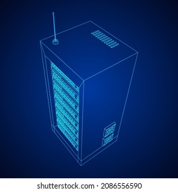 Data network server in cabinet. Diagnostic test in computer room technology communication computers and device concept. Wireframe low poly mesh vector illustration.