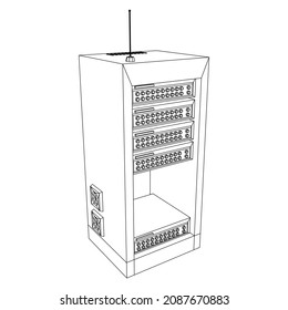 Data network server in cabinet. Diagnostic test in computer room technology communication computers and device concept. Wireframe low poly mesh vector illustration.