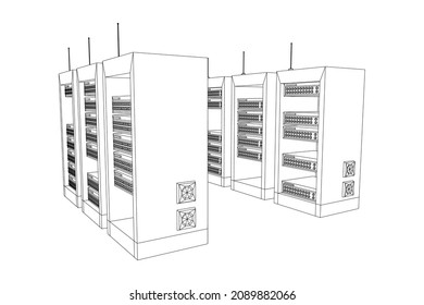Data network server in cabinet. Diagnostic test in computer room technology communication computers and device concept. Wireframe low poly mesh vector illustration.
