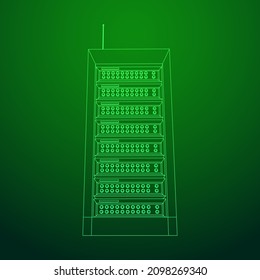 Data network server in cabinet. Diagnostic test in computer room technology communication computers and device concept. Wireframe low poly mesh vector illustration.
