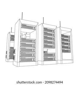 Data network server in cabinet. Diagnostic test in computer room technology communication computers and device concept. Wireframe low poly mesh vector illustration.