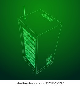 Data network server in cabinet. Diagnostic test in computer room technology communication computers and device concept. Wireframe low poly mesh vector illustration.