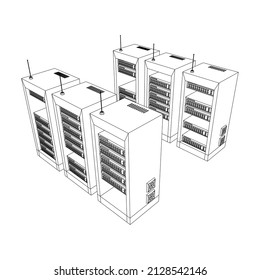 Data network server in cabinet. Diagnostic test in computer room technology communication computers and device concept. Wireframe low poly mesh vector illustration.