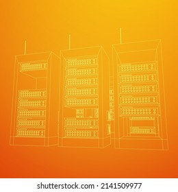 Data network server in cabinet. Diagnostic test in computer room technology communication computers and device concept. Wireframe low poly mesh vector illustration.