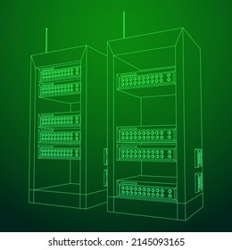 Data network server in cabinet. Diagnostic test in computer room technology communication computers and device concept. Wireframe low poly mesh vector illustration.