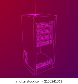 Data network server in cabinet. Diagnostic test in computer room technology communication computers and device concept. Wireframe low poly mesh vector illustration.