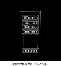 Data network server in cabinet. Diagnostic test in computer room technology communication computers and device concept. Wireframe low poly mesh vector illustration.