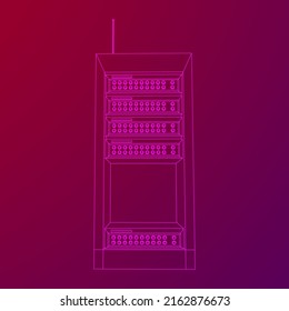 Data network server in cabinet. Diagnostic test in computer room technology communication computers and device concept. Wireframe low poly mesh vector illustration.