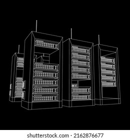 Data network server in cabinet. Diagnostic test in computer room technology communication computers and device concept. Wireframe low poly mesh vector illustration.