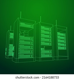 Data network server in cabinet. Diagnostic test in computer room technology communication computers and device concept. Wireframe low poly mesh vector illustration.