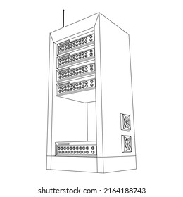 Data network server in cabinet. Diagnostic test in computer room technology communication computers and device concept. Wireframe low poly mesh vector illustration.