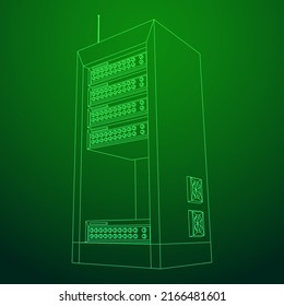 Data network server in cabinet. Diagnostic test in computer room technology communication computers and device concept. Wireframe low poly mesh vector illustration.