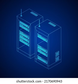 Data network server in cabinet. Diagnostic test in computer room technology communication computers and device concept. Wireframe low poly mesh vector illustration.