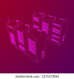 Data network server in cabinet. Diagnostic test in computer room technology communication computers and device concept. Wireframe low poly mesh vector illustration.