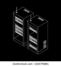 Data network server in cabinet. Diagnostic test in computer room technology communication computers and device concept. Wireframe low poly mesh vector illustration.