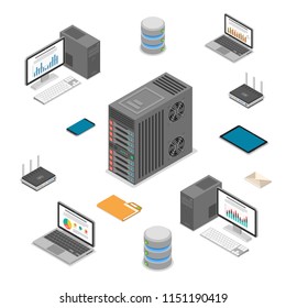 Data Network Technology Isometric Business Concept With Network Server, Computer, Laptop, Router And Tablet Icons. Storage And Transfer Data. Isolated Vector Illustration