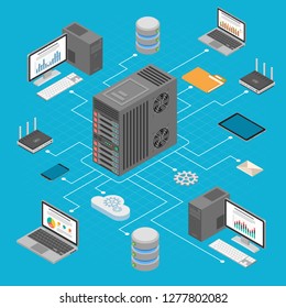 Data Network Technology Isometric business concept with network server, computer, laptop, router and tablet icons. Storage and transfer data. vector illustration