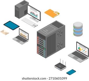 Concepto de negocio isométrico con el servidor de red, el ordenador, el ordenador portátil, el router y los iconos de la tableta. Almacenamiento y transferencia de datos. Ilustración vectorial aislada