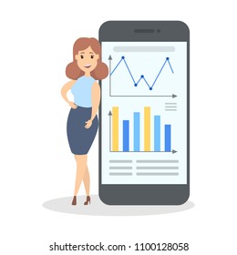 Data on smartphone. Woman standing with info.