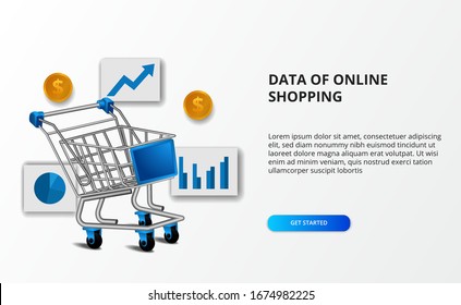 Data of online shopping e commerce. Illustration of shopping trolley with data chart and golden money. concept grow data store market