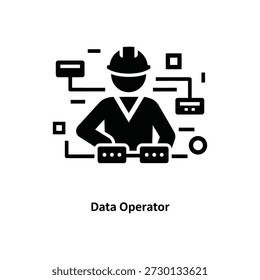 Ícone do operador de dados com chapéu duro e elementos de circuito em preto e branco