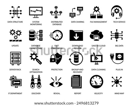 DATA ORGANIZATION AND MANAGEMENT icon SET ART LINE FILL BLACK COLOR