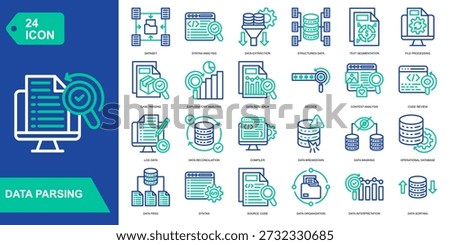 Data Parsing icon collection set. Dataset,Syntax Analysis,Data Extraction,Structured Data. Line Color vector icons.