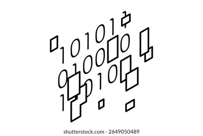 Ícone de linha isométrica de criptografia de dados e senha com código binário e símbolo de cadeado, preto e branco, Ilustração de vetor