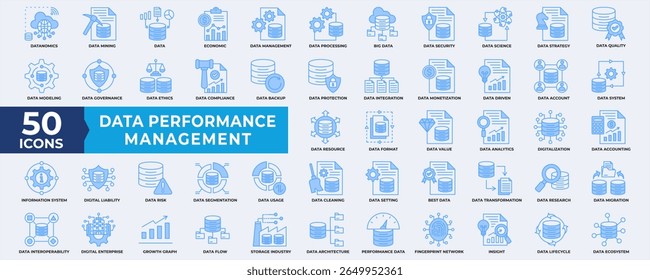 Data Performance Management icon collection set. Containing database, performance, management, big data, data mining, quality, process, data, document, strategy and analysis. Simple blue Vector.  