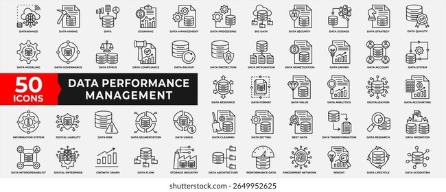 Data Performance Management icon collection set. Containing database, performance, management, big data, data mining, quality, process, data, document, strategy and analysis. Simple line Vector.  