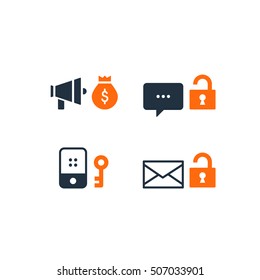 Data personal information security, advertisment spam block, access secure code. Flat design vector illustration. Data security technology