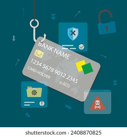 Data phishing, concept background. Online scam, malware and password phishing. Credit card hooked by hackers. Stealing information and money. Internet security problem. Flat vector illustration